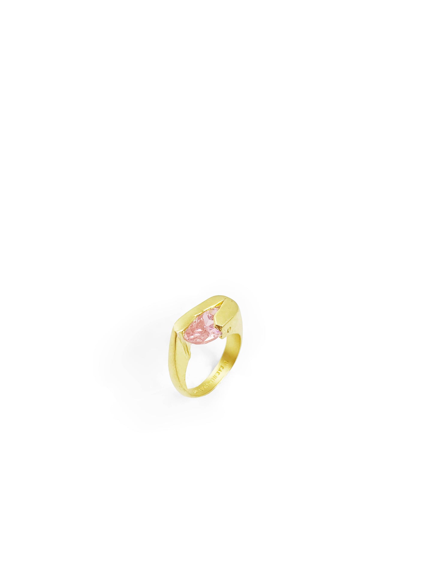 PINK STONE IN BROKEN BRICK - 14k gold pinky ring